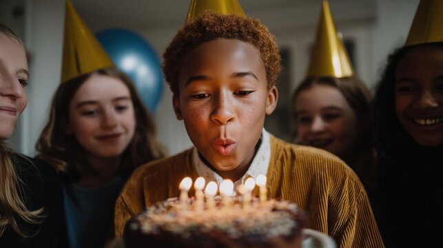 A young boy makes a wish and blows out candles on his birthday cake, surrounded by his friends, creating a warm and happy scene.