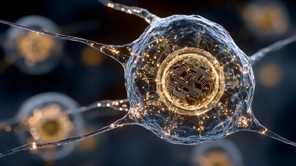 Close-up of glowing neurons and neural connections, Scientific view of brain activity with glowing neurons, Neural network in abstract biology illustration