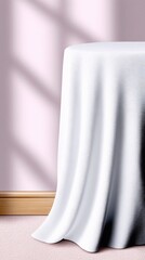 A round table draped in a white tablecloth stands against a pink wall, with dappled light creating shadows.