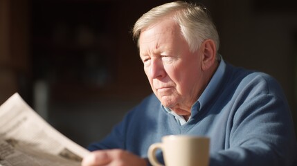 A pensive senior man engrossed in reading a newspaper, his face illuminated by the soft morning light, clutching a cup of coffee.