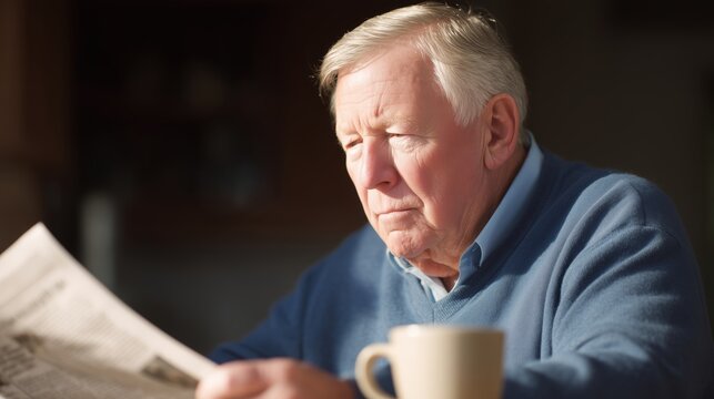A pensive senior man engrossed in reading a newspaper, his face illuminated by the soft morning light, clutching a cup of coffee.