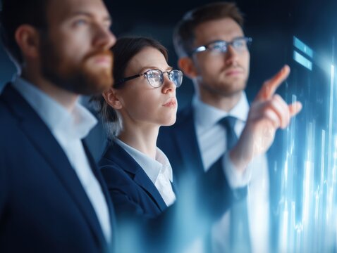 In a high-tech setting, a focused team of business analysts, dressed in smart attire, huddles together, examining intricate data visualizations on a digital display. - Powered by Adobe