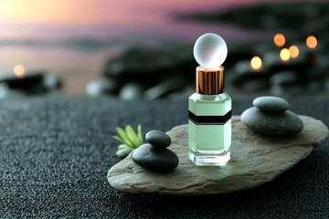 A tranquil spa setting featuring a decorative perfume bottle, balanced stones, and blurred candlelight, evoking a sense of relaxation and calm.