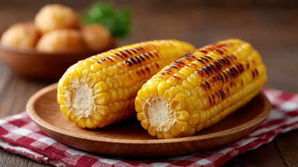 Grilled corn on wooden plate celebrating festa junina traditions