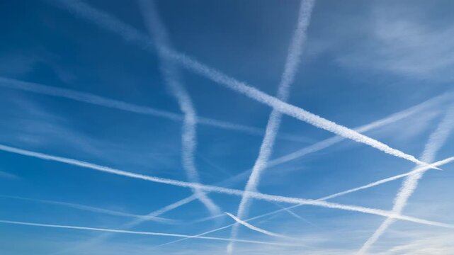 Cielo azul brillante surcado por m&uacute;ltiples estelas blancas de aviones que se entrecruzan formando patrones complejos.