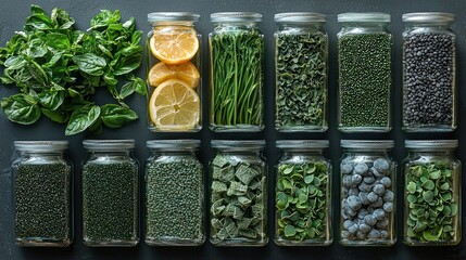 Flat lay of various superfoods in glass jars.
