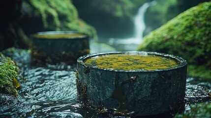 Two mossy stone basins in a tranquil stream with a waterfall in the background.