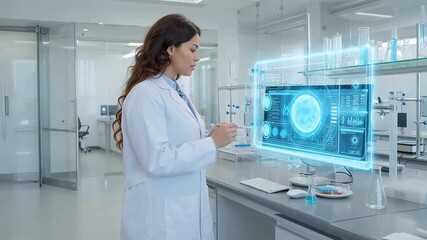Woman in lab with digital screen - Powered by Adobe