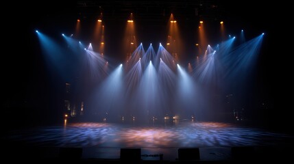 Contemporary dance stage with dramatic spotlight illumination. Performance lighting concept entertainment venue theatrical stage design for artistic performance space and monochromatic lighting effect