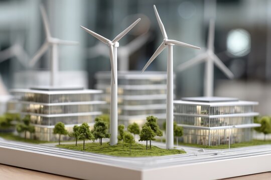 Renewable energy architectural model with wind turbines. Sustainable building. Green construction eco friendly development design for climate action solution and environmental architecture innovation.