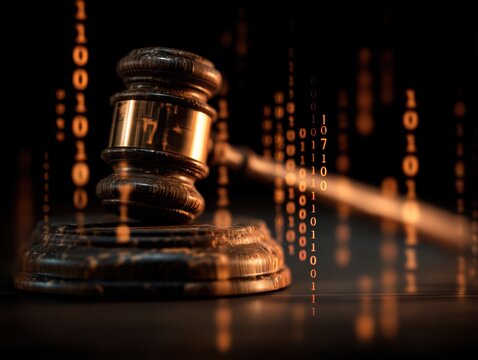 Gavel in courtroom with binary code overlays highlighting justice system challenges of algorithmic discrimination bias perfect for fairness in AI governance ethics regulation accountability concept.
