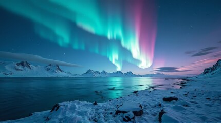 Naklejka premium Northern Lights Over Snowy Landscape and Frozen Lake