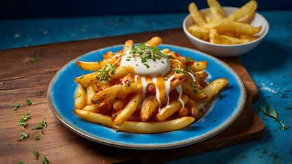 Loaded french fries with cheese sauce and sour cream on blue plate gourmet food photography