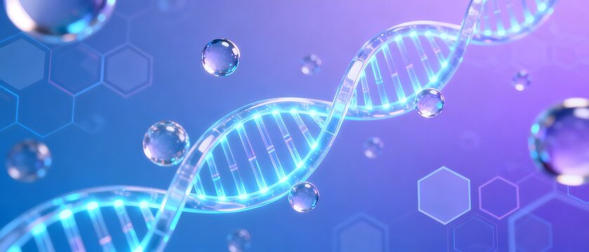 Glowing DNA strand with spheres and hexagons - Powered by Adobe
