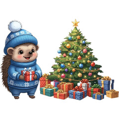 Cute hedgehog and christmas tree