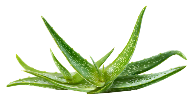 A vibrant green aloe vera plant with water droplets isolated on transparent background