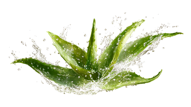 Fresh aloe vera plant splash with water droplets isolated on transparent background