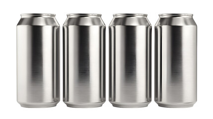 Four silver aluminum beverage cans standing in a row isolated on transparent background