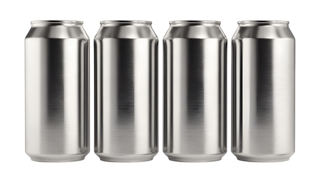 Four silver aluminum beverage cans standing in a row isolated on transparent background