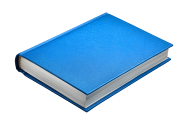 A closed blue hardcover book with textured cover isolated on transparent background