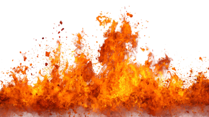 Dynamic orange and yellow flames erupting upwards isolated on transparent background