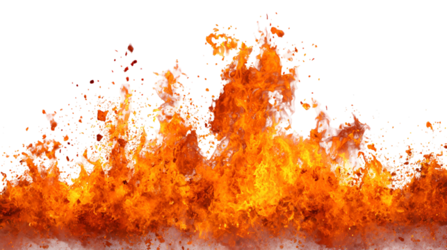 Dynamic orange and yellow flames erupting upwards isolated on transparent background