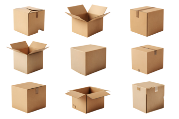 Collection of various cardboard boxes in different open and closed states isolated on transparent background