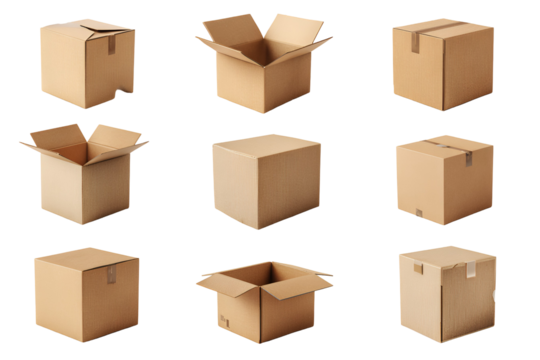 Collection of various cardboard boxes in different open and closed states isolated on transparent background