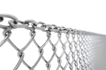 Close up of a metal chain link fence with a silver chain attached isolated on transparent background