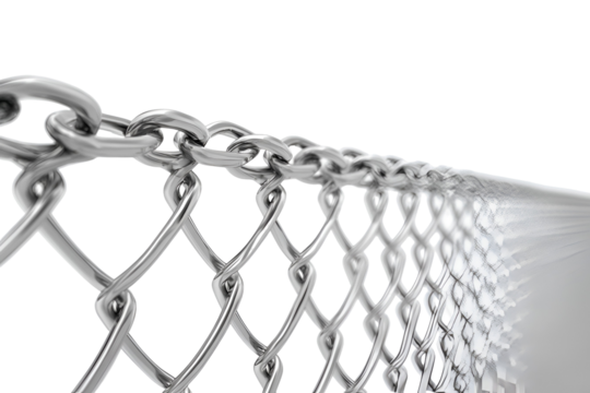 Close up of a metal chain link fence with a silver chain attached isolated on transparent background