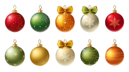 Collection of ten festive christmas ornaments in various colors and designs isolated on transparent background