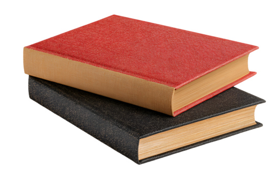 Two antique hardcover books stacked on a reflective surface isolated on transparent background