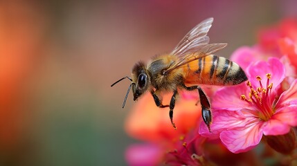 A close-up view of a bee collecting nectar from a vibrant pink flower