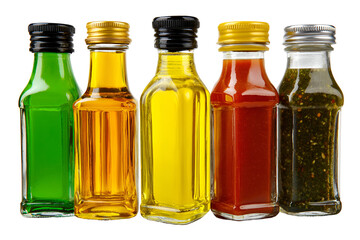 Five small glass bottles filled with different colored oils and liquids isolated on transparent background