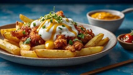 Loaded french fries with fried chicken and cheese sauce on rustic plate gourmet food photography