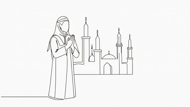 This artistic line drawing showcases a Muslim man in traditional attire, absorbed in prayer with hands clasped reverently as he stands before a mosque.  The minimalist approach and cultural context