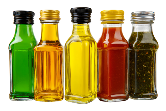 Five small glass bottles filled with different colored oils and liquids isolated on transparent background