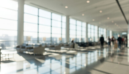 Blurred modern airport lounge interior with daylight and clean color tones. Contemporary travel space with structured seating and lighting, suitable for transportation backgrounds.