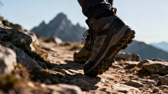 A close-up low-angle view of a person's hiking boots walking along a dry, rocky trail with a dramatic mountain peak in the blurred background. - Powered by Adobe