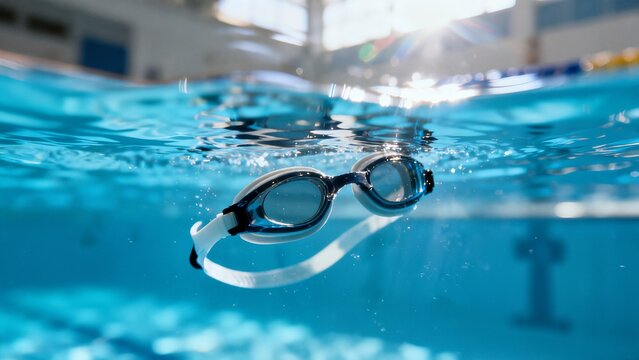 A pair of white and blue swimming goggles is photographed underwater in a bright pool, with the sunlight creating a beautiful surface reflection.