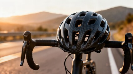 A close-up of a carbon fiber cycling helmet resting on the drop handlebars of a road bike on a sunny mountain road during a beautiful sunset.