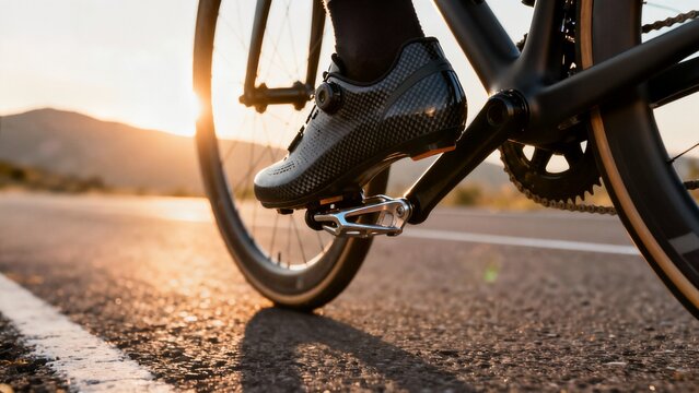 A low-angle close-up of a carbon cycling shoe clipped into a pedal on a road bike, with the bright sunset casting a golden glow on the asphalt.