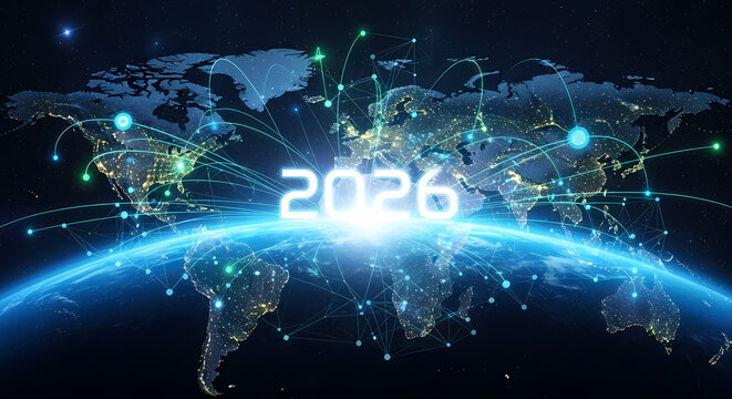 A futuristic representation of the year 2026, with a glowing world map and interconnected nodes symbolizing global connectivity and technological advancement.