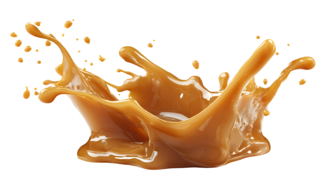 Dynamic caramel sauce splash crown shape isolated on transparent background