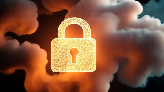 Digital lock symbol glowing amidst swirling colorful clouds, representing security in technology