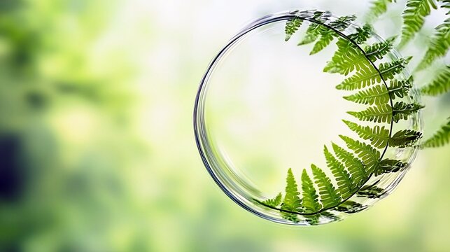 A close-up shot shows vibrant green fern leaves arranged in a circular pattern inside a clear glass ring, set against a soft, out-of-focus green backdrop.