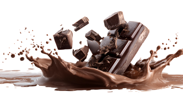 Chocolate bars splashing into liquid creating a dynamic motion and spray isolated on transparent background