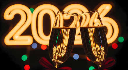 A festive image of two champagne glasses toasting in front of a bright neon 2026 sign, celebrating the upcoming new year with warmth and cheer.