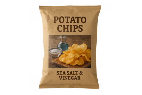 Kraft paper potato chips bag mockup with sea salt and vinegar flavor, isolated on transparent background