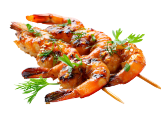 Delicious grilled shrimp skewers with fresh herbs isolated on transparent background